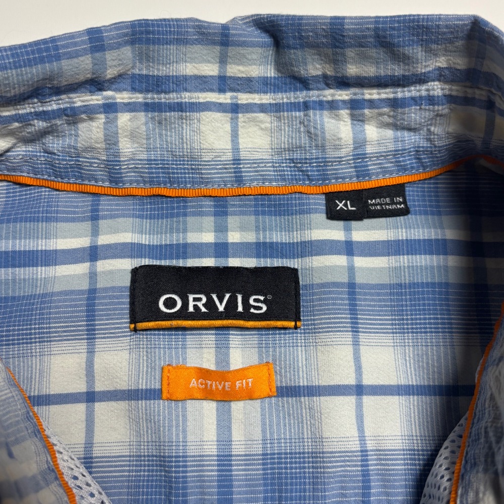 Orvis Active Fit White Blue Plaid Mens XL Tech Hiking Fishing Short Sleeve Shirt - Picture 7 of 8